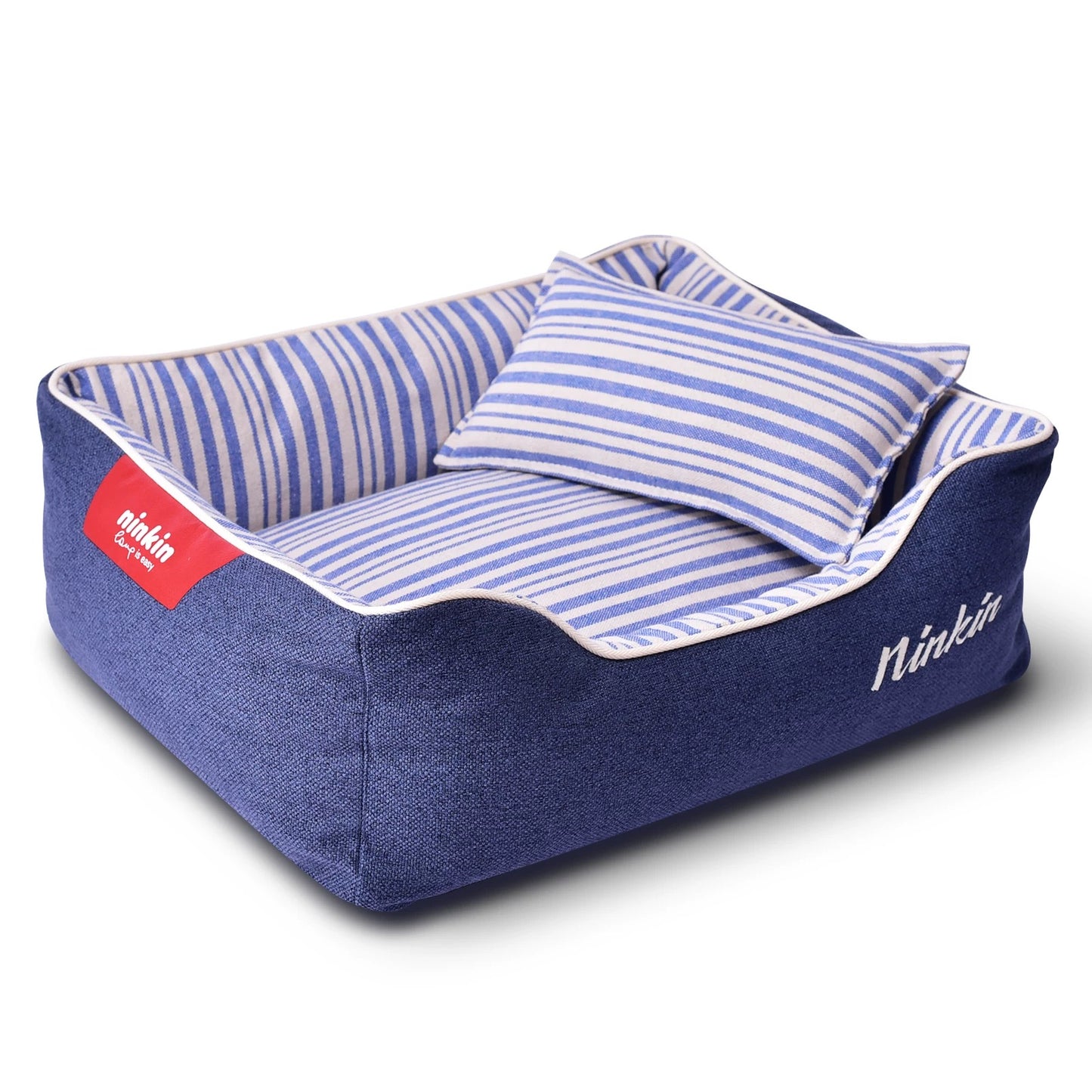 Striped Comfort Pet Bed with Pillow (Navy Blue Edition)