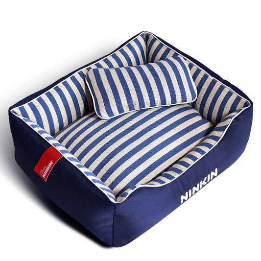 Striped Pet Bed with pillow (Navy Blue Edition)
