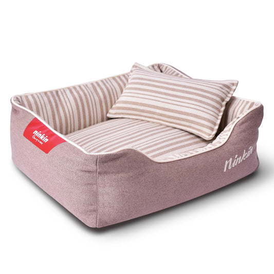 Striped Pet Bed with Pillow (Beige Edition)